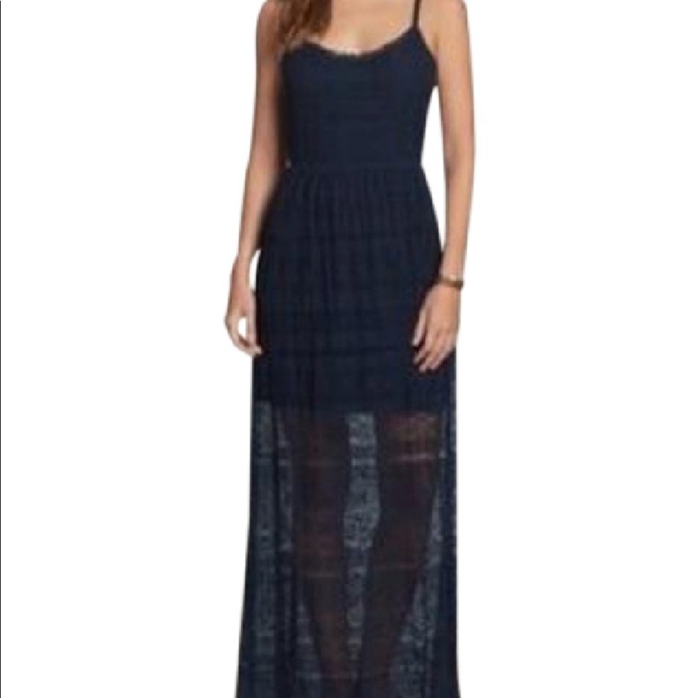 Navy Lace Maxi Dress with Leg Slit and Tie Back